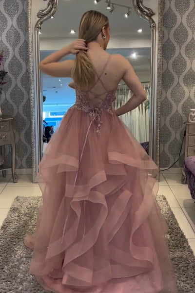 A Line Fluffy Dusty Pink Lace Long Prom Dress, Dusty Pink Lace Formal