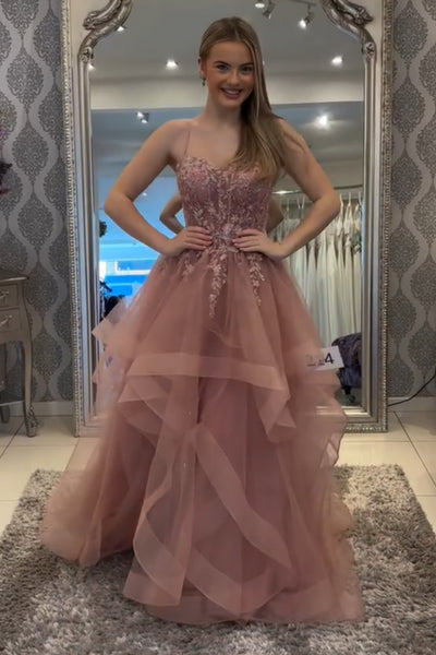 A Line Fluffy Dusty Pink Lace Long Prom Dress, Dusty Pink Lace Formal Dress, Tulle Evening Dress A2340