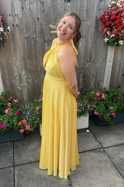 A Line Halter Neck Yellow Satin Long Prom Dress, Long Yellow Formal Graduation Evening Dress A2280