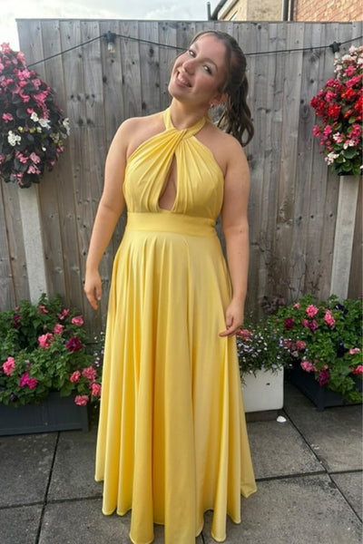 A Line Halter Neck Yellow Satin Long Prom Dress, Long Yellow Formal Graduation Evening Dress A2280