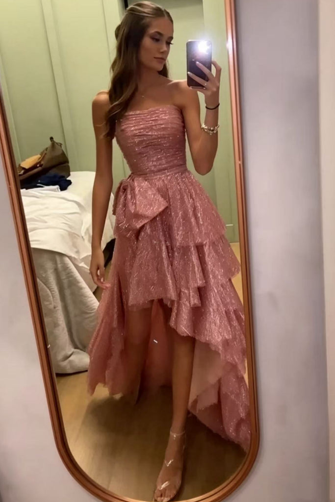 A Line High Low Strapless Pink Long Prom Dress, High Low Pink Formal Dress, Pink Evening Dress A2593