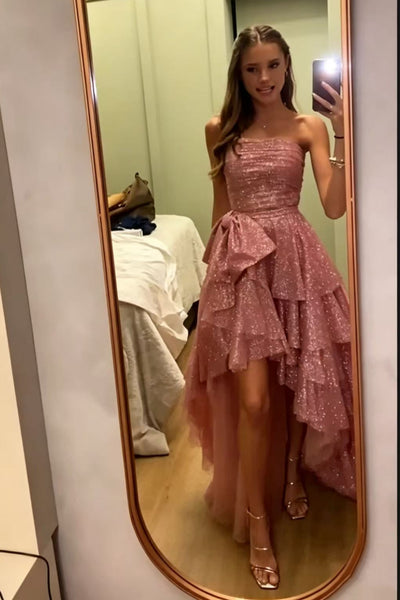 A Line High Low Strapless Pink Long Prom Dress, High Low Pink Formal Dress, Pink Evening Dress A2593
