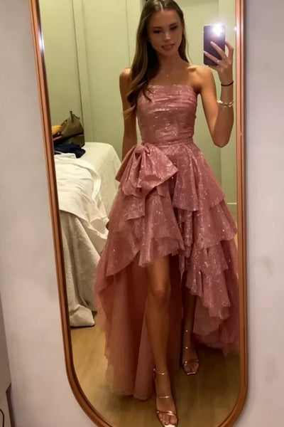 A Line High Low Strapless Pink Long Prom Dress, High Low Pink Formal Dress, Pink Evening Dress A2593