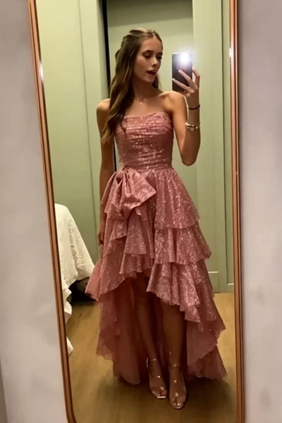 A Line High Low Strapless Pink Long Prom Dress, High Low Pink Formal Dress, Pink Evening Dress A2593