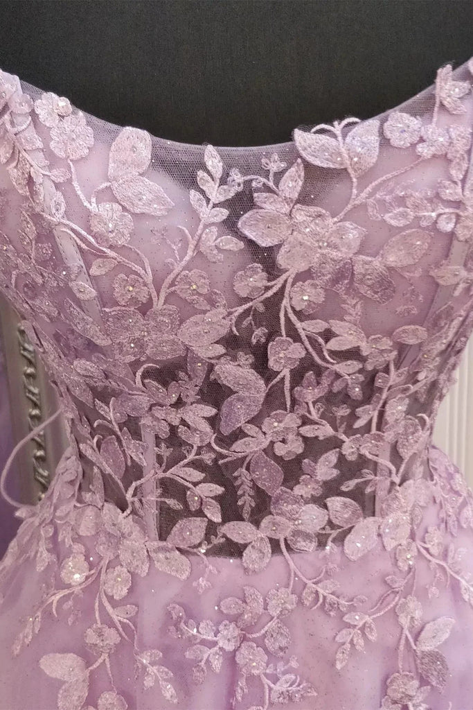 lavender lace wedding dress V Neck Mermaid Purple Lace Floral Long Prom Dress, Lavender Lace Forma morievent