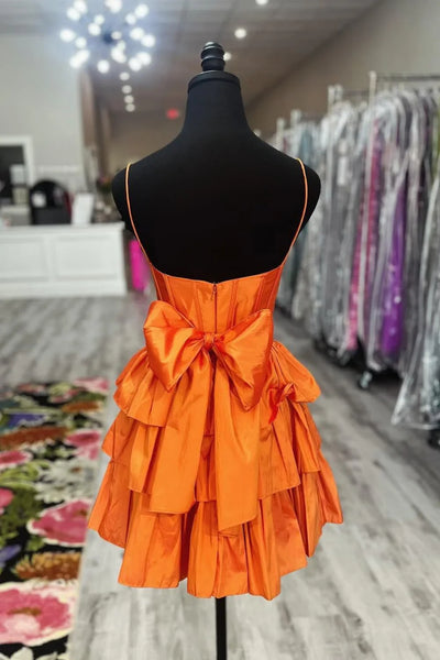 A Line Layered Backless Orange Satin Short Prom Dress, Orange Homecoming Dress A2432