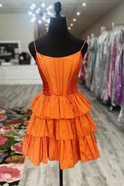 A Line Layered Backless Orange Satin Short Prom Dress, Orange Homecoming Dress A2432