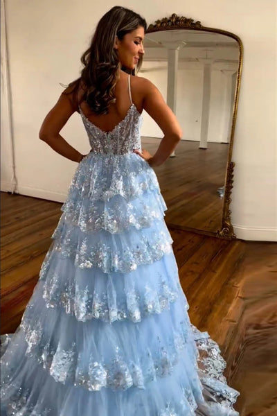 A Line Layered Light Blue Lace Long Prom Dress, Light Blue Lace Floral