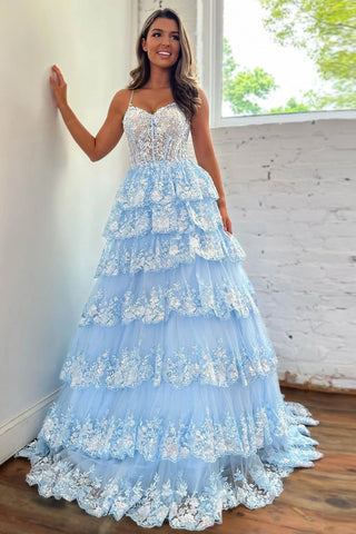 A Line V Neck Light Blue Lace Floral Long Prom Dress, Light Blue