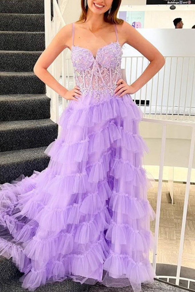 A Line Layered Lilac Lace Long Prom Dress with Train, Lilac Lace Forma abcprom A Line Layered Lilac Lace Long Prom Dress with Train, Lilac Lace Forma abcprom