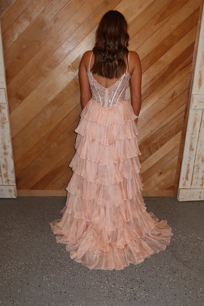 A Line Layered Pink Lace Long Prom Dress with Slit, Pink Lace Formal Dress, Pink Evening Dress A2514