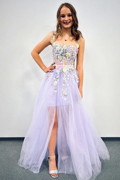 A Line Lilac Tulle Lace Floral Long Prom Dress with High Split, Lilac Long Prom Dress with 3D Flowers A2059