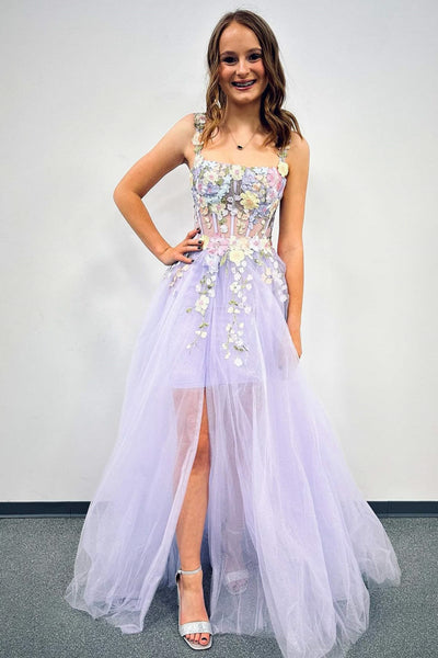 A Line Lilac Tulle Lace Floral Long Prom Dress with High Split, Lilac