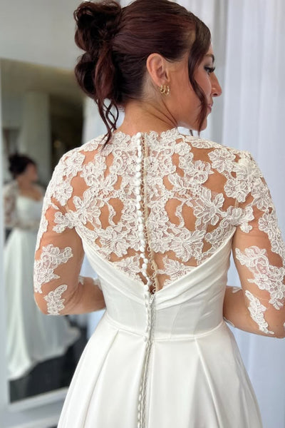 A Line Long Sleeves White Lace Long Prom Dress with High Slit, White Lace Formal Evening Dress, White Wedding Dress A2262