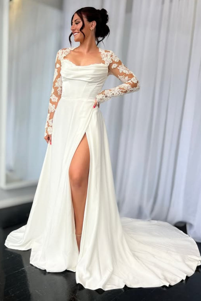 A Line Long Sleeves White Lace Long Prom Dress with High Slit, White Lace Formal Evening Dress, White Wedding Dress A2262