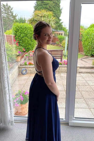 A Line Navy Blue Lace Long Prom Dress, Navy Blue Chiffon Formal Graduation Evening Dress, Navy Blue Bridesmaid Dress A2516