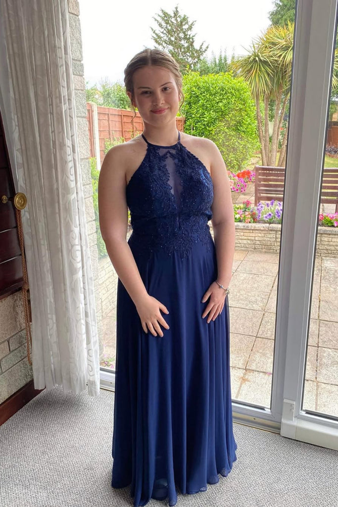 A Line Navy Blue Lace Long Prom Dress, Navy Blue Chiffon Formal Graduation Evening Dress, Navy Blue Bridesmaid Dress A2516