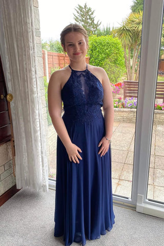 A Line Navy Blue Lace Long Prom Dress, Navy Blue Chiffon Formal Graduation Evening Dress, Navy Blue Bridesmaid Dress A2516