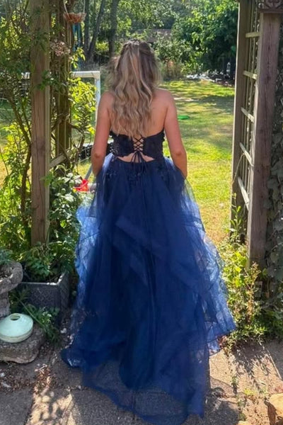 A Line Navy Blue Lace Long Prom Dress, Navy Blue Lace Formal Dress, Blue Tulle Evening Dress A2591