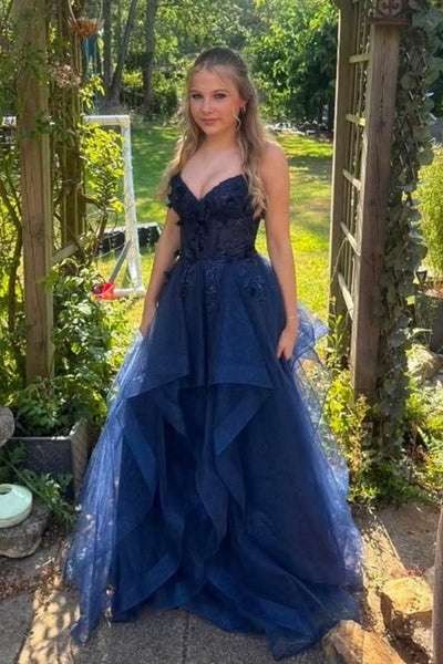 A Line Navy Blue Lace Long Prom Dress, Navy Blue Lace Formal Dress, Blue Tulle Evening Dress A2591