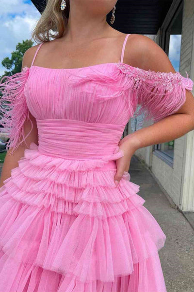 A Line Off the Shoulder Layered Hot Pink Short Prom Dress, Hot Pink Tulle Homecoming Dress A2399
