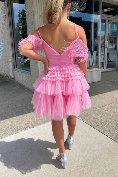 A Line Off the Shoulder Layered Hot Pink Short Prom Dress, Hot Pink Tulle Homecoming Dress A2399