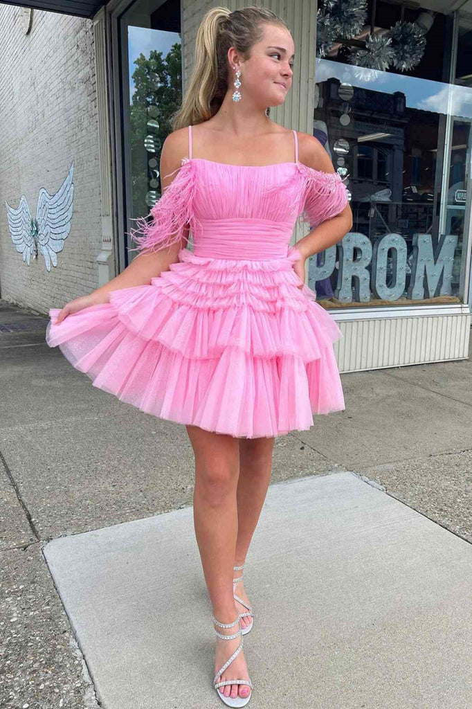 A Line Off the Shoulder Layered Hot Pink Short Prom Dress, Hot Pink Tu abcprom A Line Off the Shoulder Layered Hot Pink Short Prom Dress, Hot Pink Tu abcprom