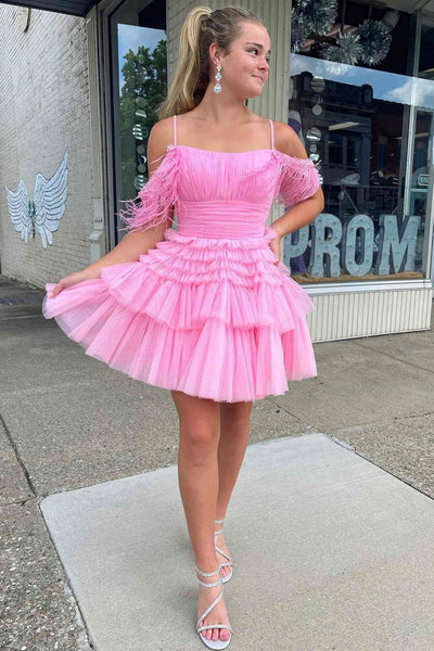 A Line Off the Shoulder Layered Hot Pink Short Prom Dress, Hot Pink Tulle Homecoming Dress A2399