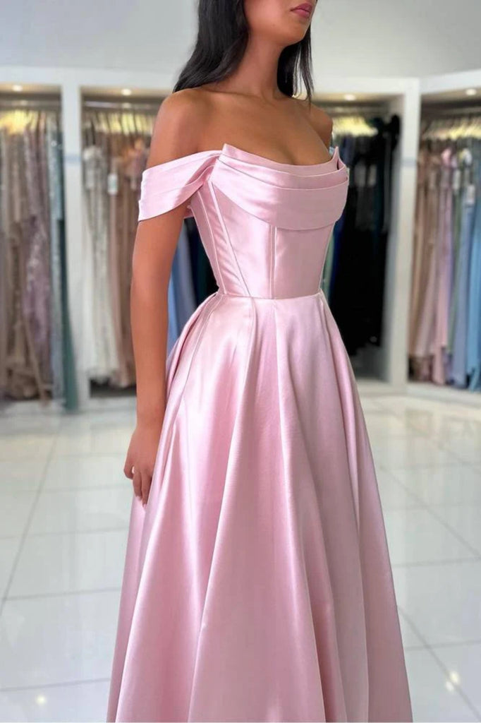 A Line Off the Shoulder Pink Satin Long Prom Dress, Off Shoulder Pink
