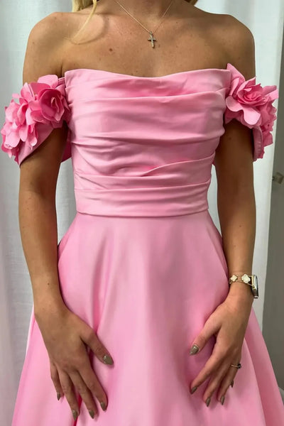 A Line Off the Shoulder Pink Satin Long Prom Dress with Flowers, Long Pink Formal Graduation Evening Dress A2421