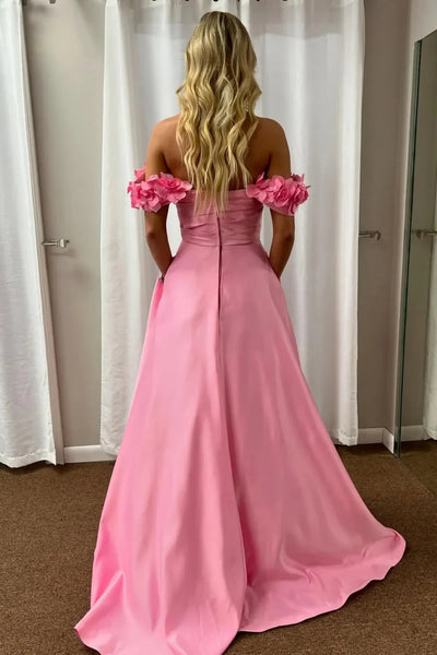 A Line Off the Shoulder Pink Satin Long Prom Dress with Flowers, Long Pink Formal Graduation Evening Dress A2421
