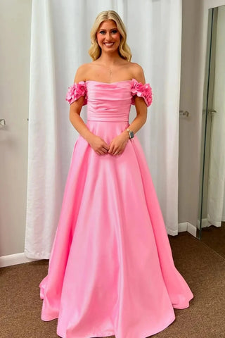 A Line Off the Shoulder Pink Satin Long Prom Dress with Flowers, Long Pink Formal Graduation Evening Dress A2421