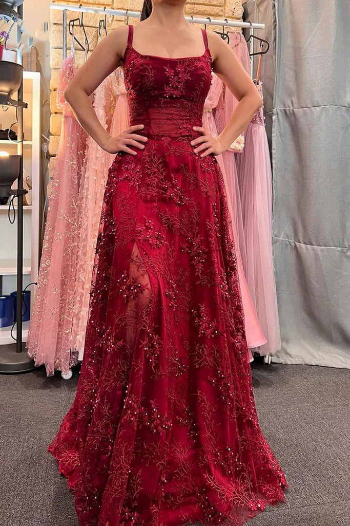 A Line Open Back Beaded Burgundy Lace Long Prom Dress, Burgundy Lace F abcprom A Line Open Back Beaded Burgundy Lace Long Prom Dress, Burgundy Lace F abcprom
