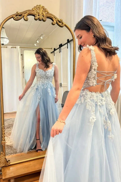 A Line Open Back Blue Lace Floral Long Prom Dress with High Slit, Blue Lace Formal Graduation Evening Dress A2467