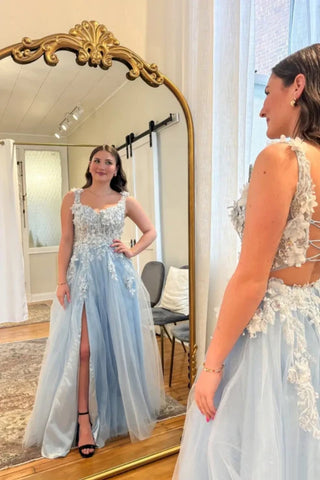 A Line Open Back Blue Lace Floral Long Prom Dress with High Slit, Blue Lace Formal Graduation Evening Dress A2467