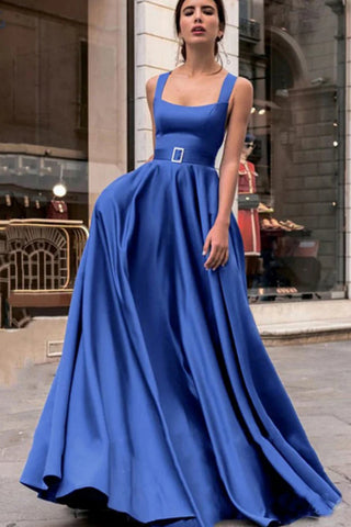 A Line Open Back Blue Satin Long Prom Dress, Long Blue Formal Graduation Evening Dress