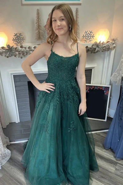 A Line Open Back Dark Green Lace Long Prom Dress, Dark Green Lace Formal Graduation Evening Dress A2477