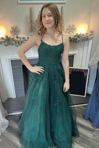 A Line Open Back Dark Green Lace Long Prom Dress, Dark Green Lace Formal Graduation Evening Dress A2477
