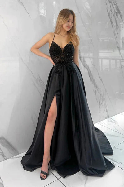 A Line Open Back High Slit Beaded Black Long Prom Dress, Long Black Fo