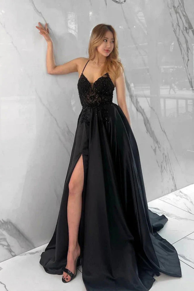 A Line Open Back High Slit Beaded Black Long Prom Dress, Long Black Fo abcprom A Line Open Back High Slit Beaded Black Long Prom Dress, Long Black Fo abcprom