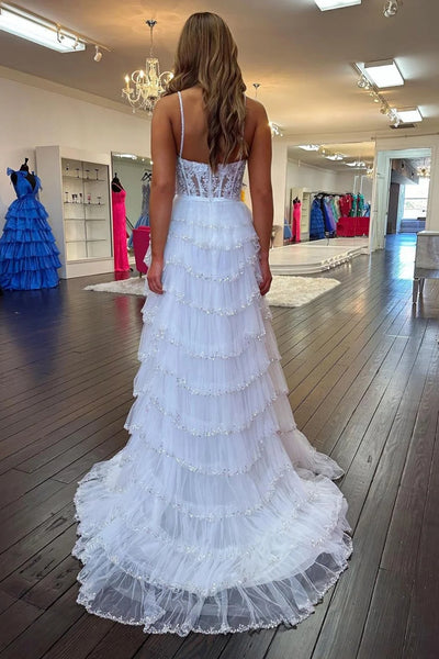 A Line Open Back Layered White Lace Long Prom Dress, White Lace Formal Dress, Long White Evening Dress A2114