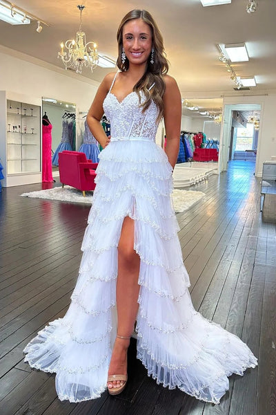A Line Open Back Layered White Lace Long Prom Dress, White Lace Formal Dress, Long White Evening Dress A2114