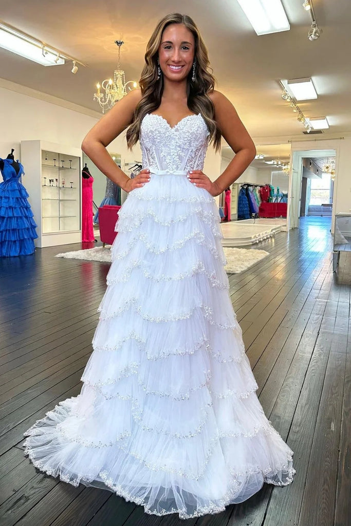 A Line Open Back Layered White Lace Long Prom Dress, White Lace Formal – abcprom A Line Open Back Layered White Lace Long Prom Dress, White Lace Formal – abcprom
