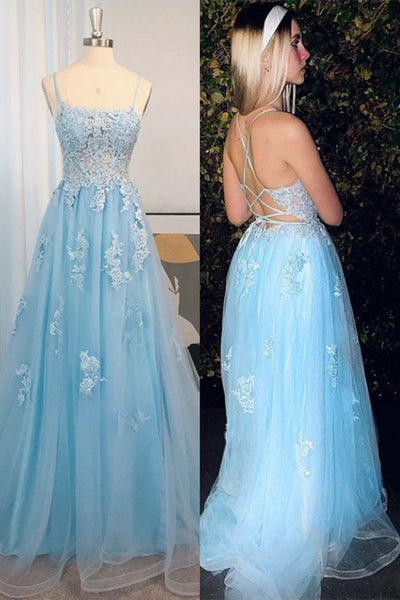 A Line Open Back Light Blue Lace Long Prom Dress with High Slit, Light Blue Lace Formal Graduation Evening Dress A2013