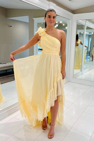 A Line Open Back One Shoulder Yellow Long Prom Dress with Flowers, Long Yellow Formal Graduation Evening Dress A2443