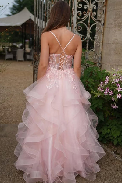 A Line Open Back Pink Lace Long Prom Dress, Pink Lace Formal Dress, Pink Evening Dress A2270