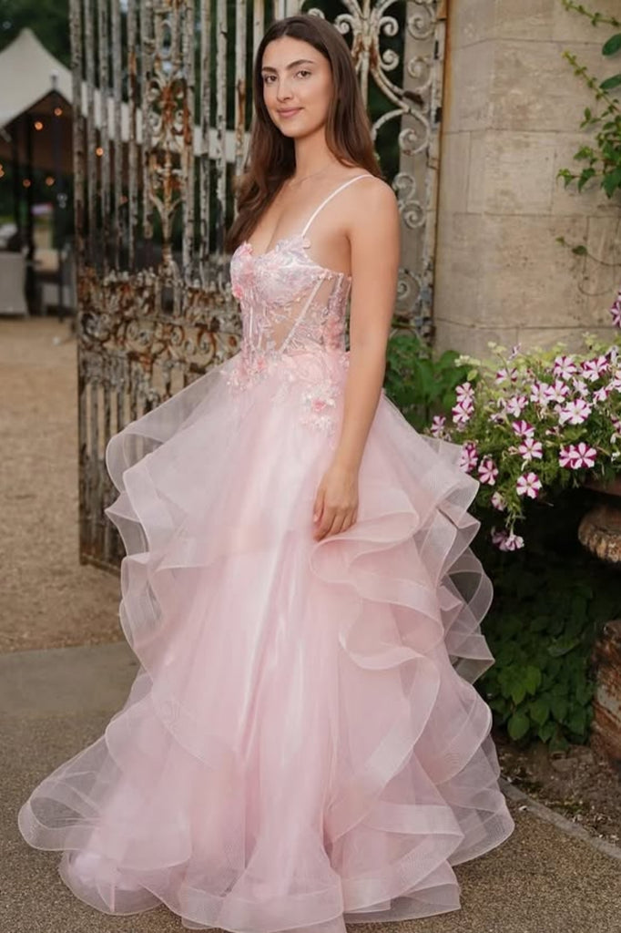 A Line Open Back Pink Lace Long Prom Dress, Pink Lace Formal Dress, Pink Evening Dress A2270