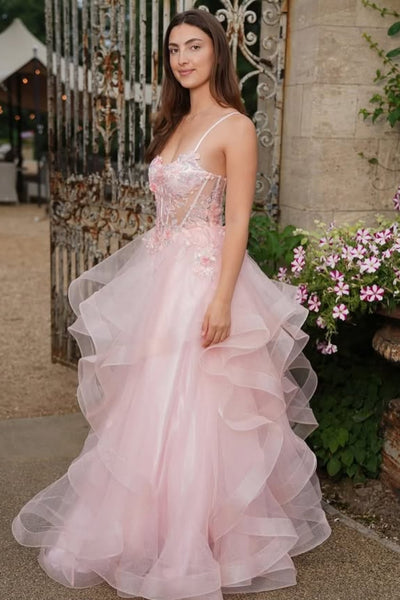 A Line Open Back Pink Lace Long Prom Dress, Pink Lace Formal Dress, Pink Evening Dress A2270