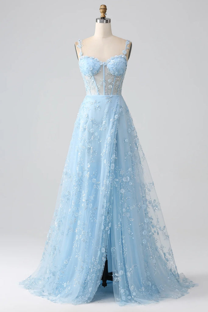 A Line Open Back Pink/Light Blue Lace Long Prom Dress with High Slit, abcprom A Line Open Back Pink/Light Blue Lace Long Prom Dress with High Slit, abcprom