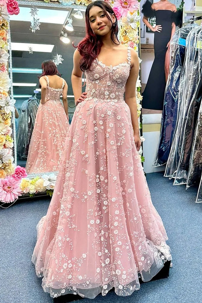A Line Open Back Pink/Light Blue Lace Long Prom Dress with High Slit, abcprom A Line Open Back Pink/Light Blue Lace Long Prom Dress with High Slit, abcprom